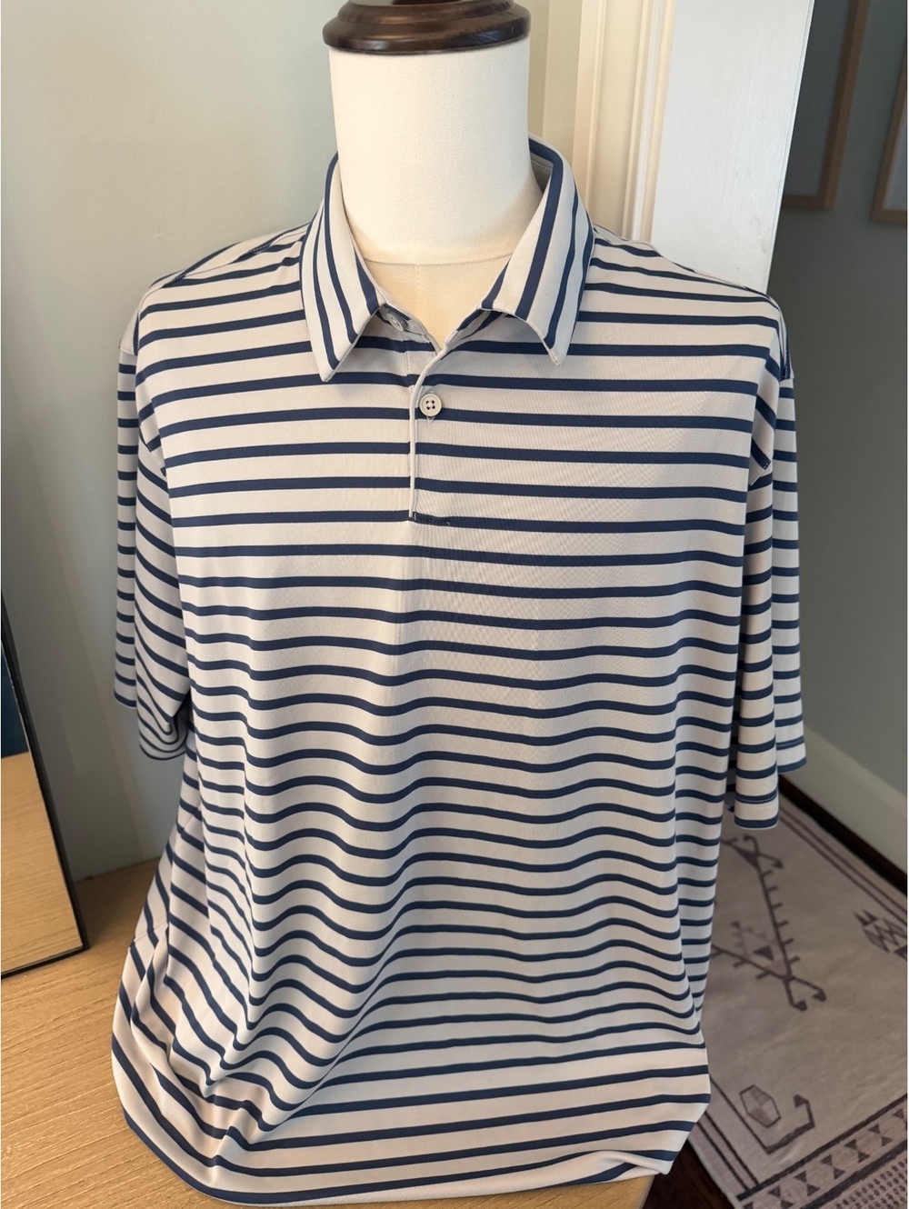 Ashworth Men's 2XL Striped Polo Shirt - Navy and White
